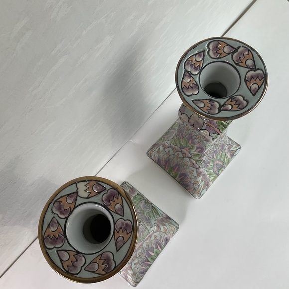 Vintage Chinoiserie Candle Holders Pastel Textured Boho Decor - One Pair (2) - Picture 3 of 13